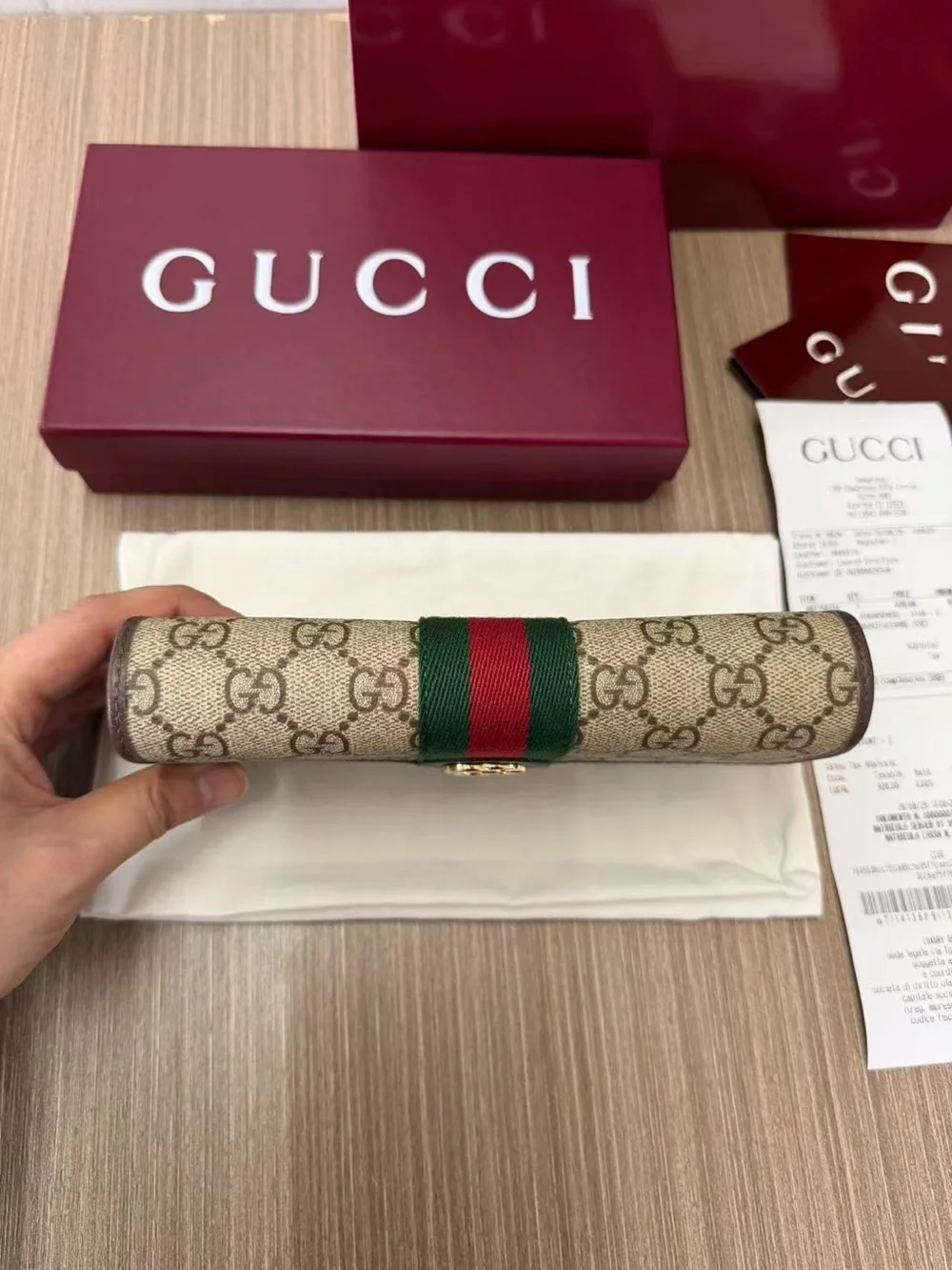 Gucci Beige GG Supreme Canvas Wallet with Green and Red Web